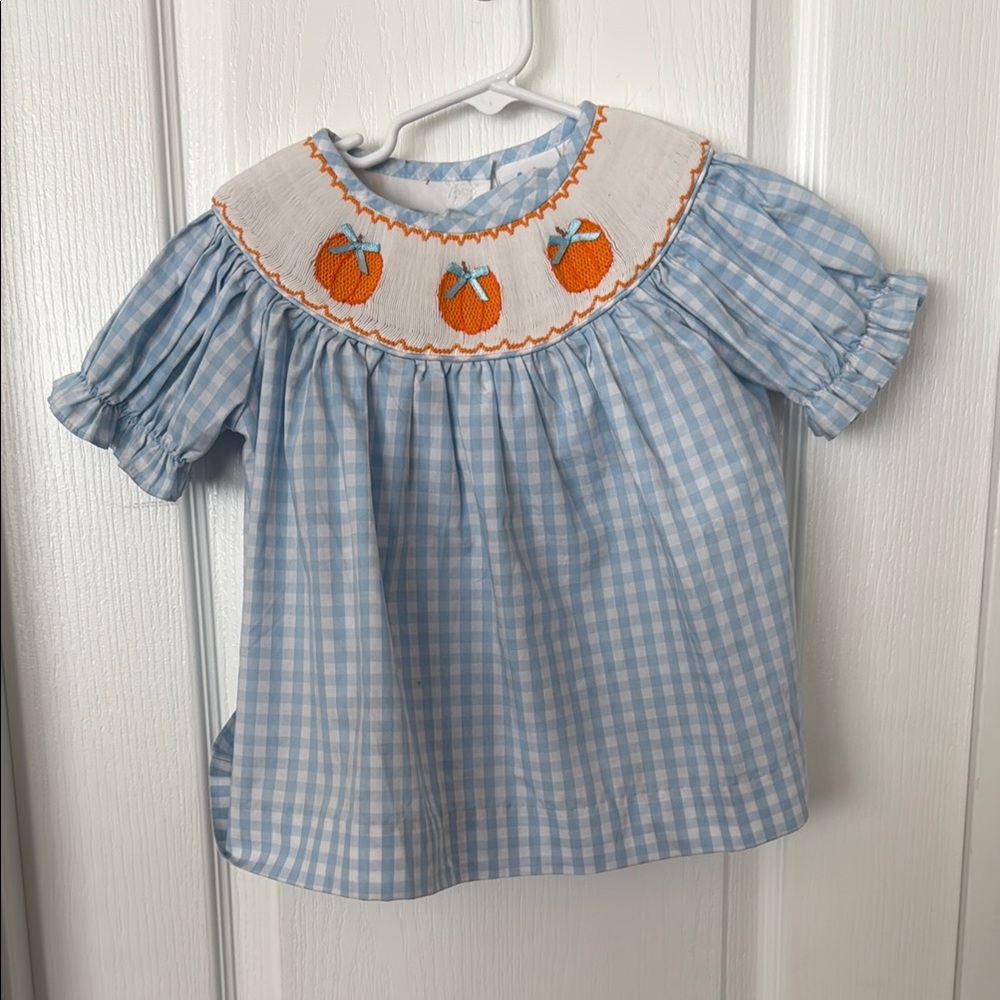 Blue and White Gingham Kids Top with Orange Embroidery